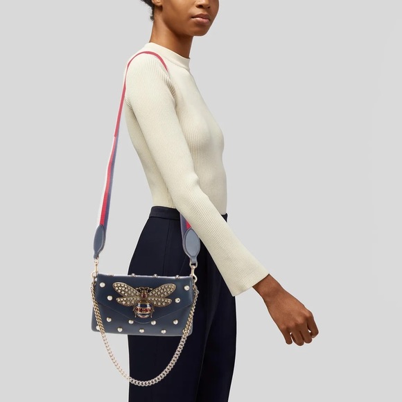 Gucci Bags Gucci Calfskin Pearl Studded Mini Broadway Bee Shoulder